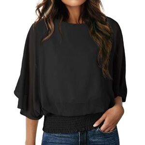 Dokotoo Black Flowy Smocked Hem Blouse, Lightweight Wide Sleeve Top Size L